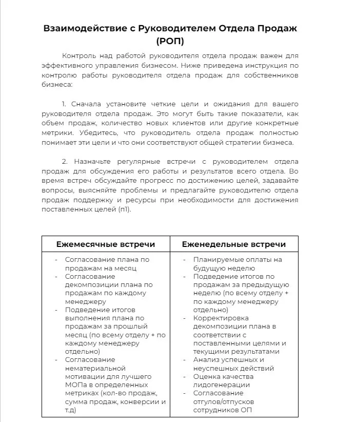 Инструкция собственнику «Взаимодействие с руководителем отдела продаж»: ежемесячные и еженедельные встречи